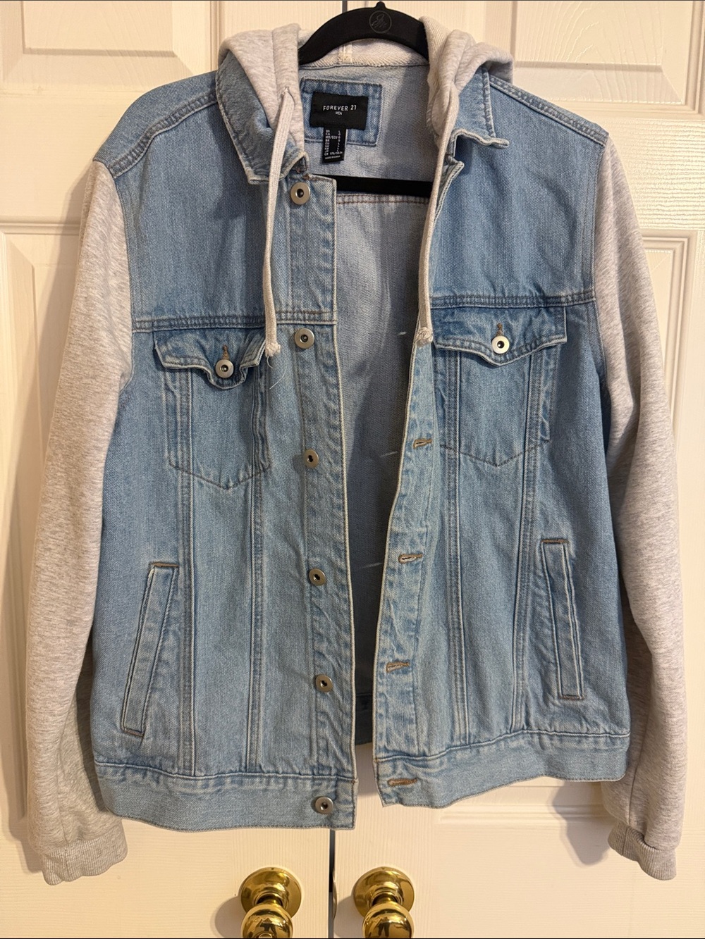 Forever 21 Light Blue Denim Jacket with Gray Hoodie Sleeves large